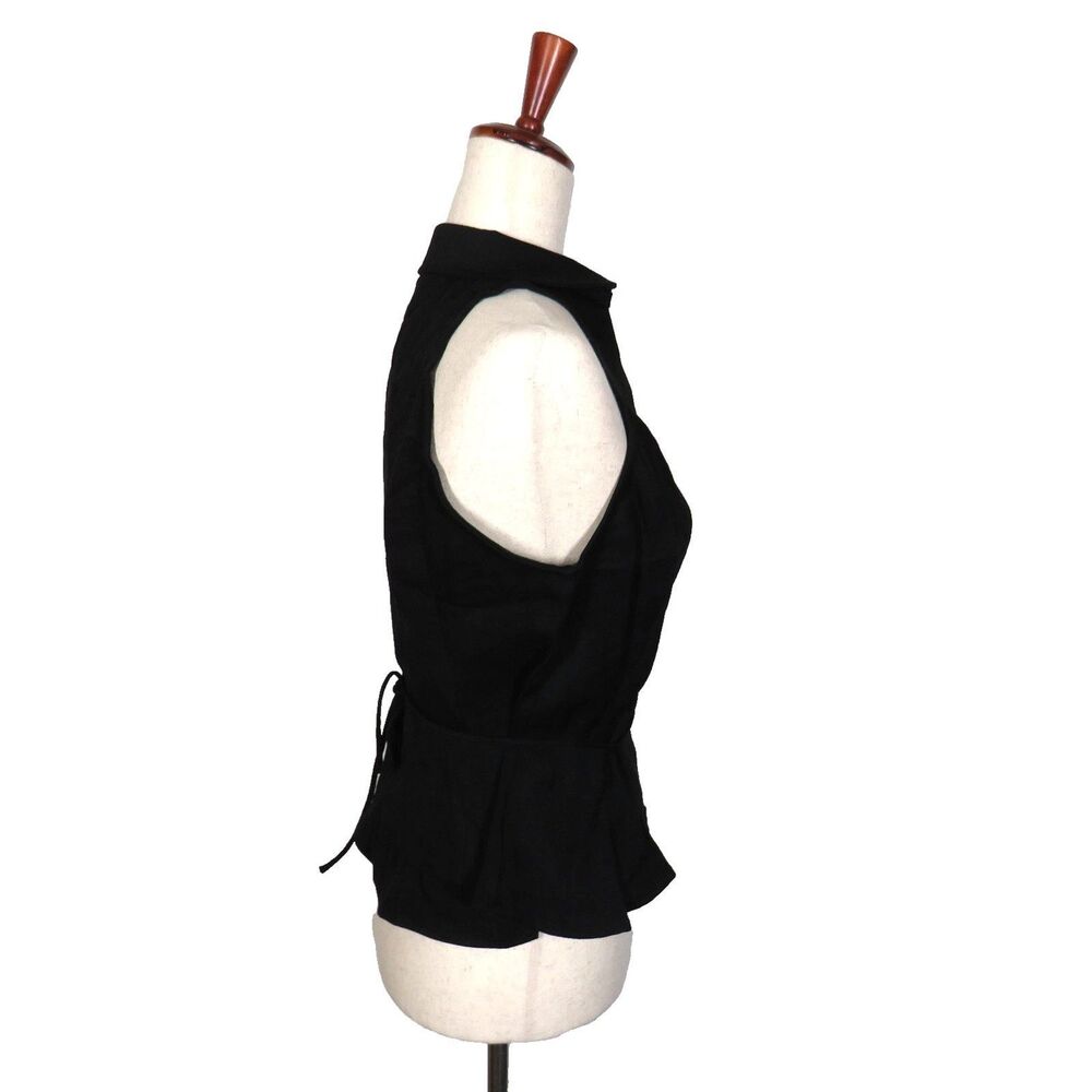 OGL Black Linen Blend Collared V Neck Sleeveless Tie Waist Top Size Small - Picture 11 of 12